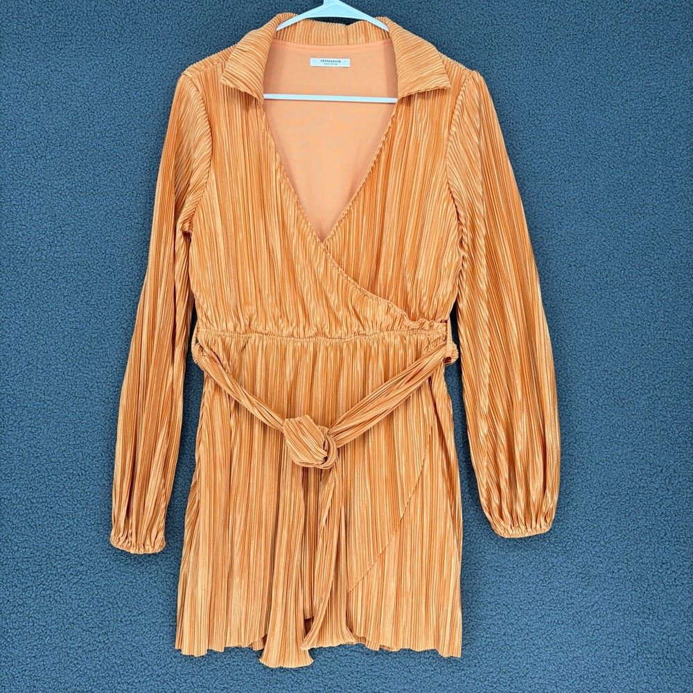 Peppermayo Orange Pleated Wrap Mini Dress Long Sleeve Belted Size 6